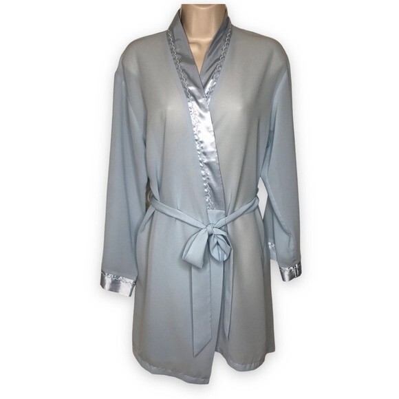 Halston Satin Trim Chiffon Bath Robe Light Blue Attached Tie Women Size Medium - Picture 1 of 16